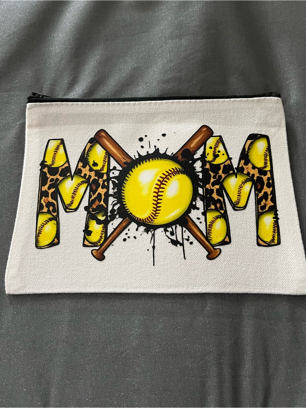 MOM Softball Graphic Zipper Pouch - Yellow & Leopard. 7x5”